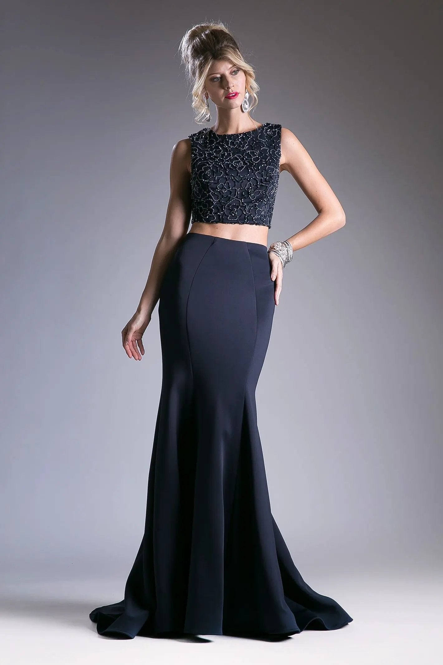 Beaded High Neck Two-Piece Mermaid Evening Gown with Train by Tux-USA