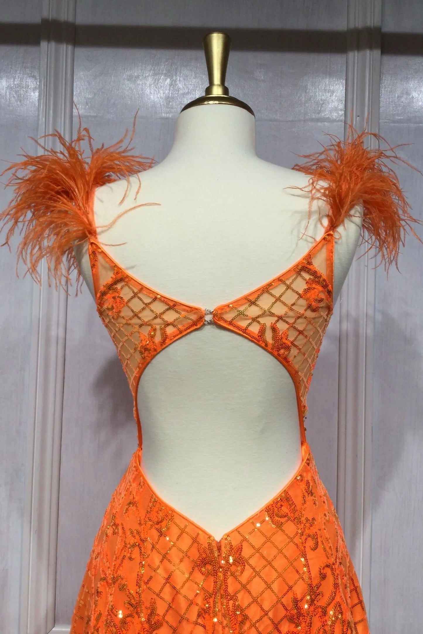 Neon Orange Ball Gown With Feathers by Tux-USA