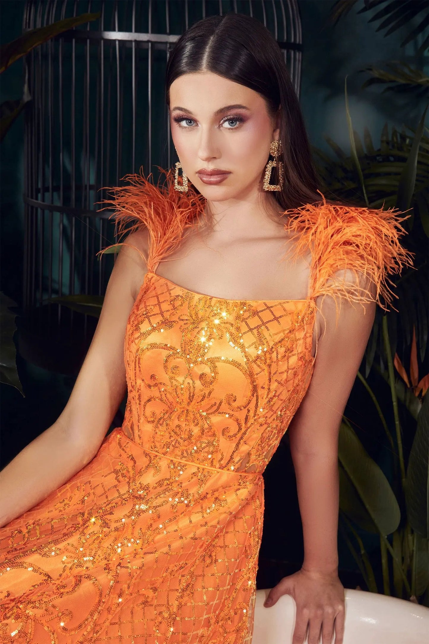 Neon Orange Ball Gown With Feathers by Tux-USA