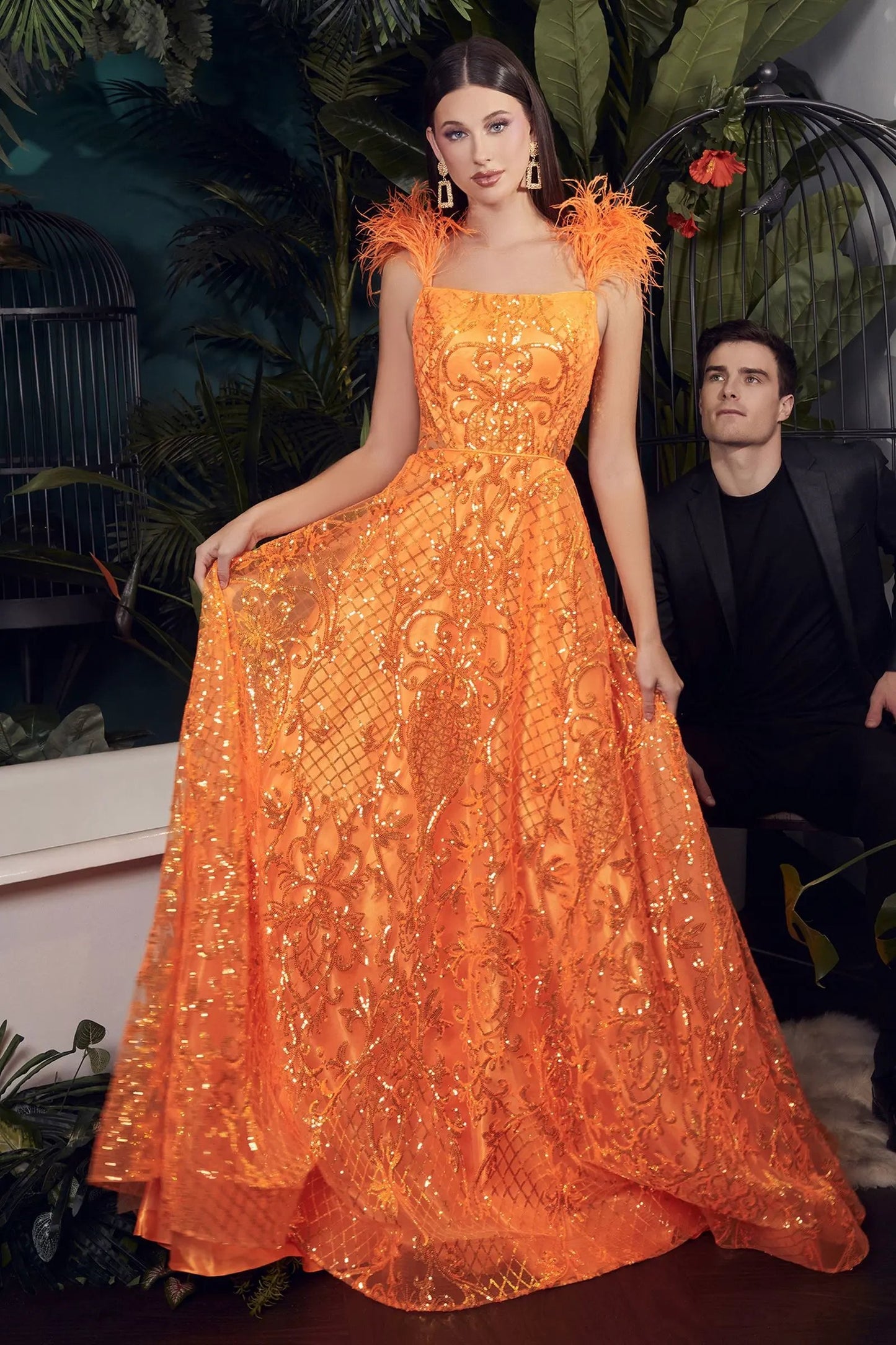 Neon Orange Ball Gown With Feathers by Tux-USA