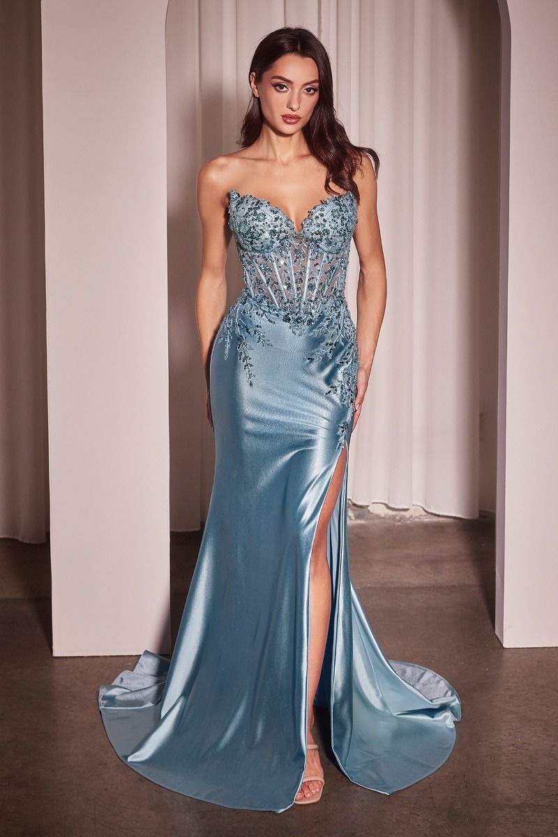 Satin & Lace Strapless Fitted Gown-4
