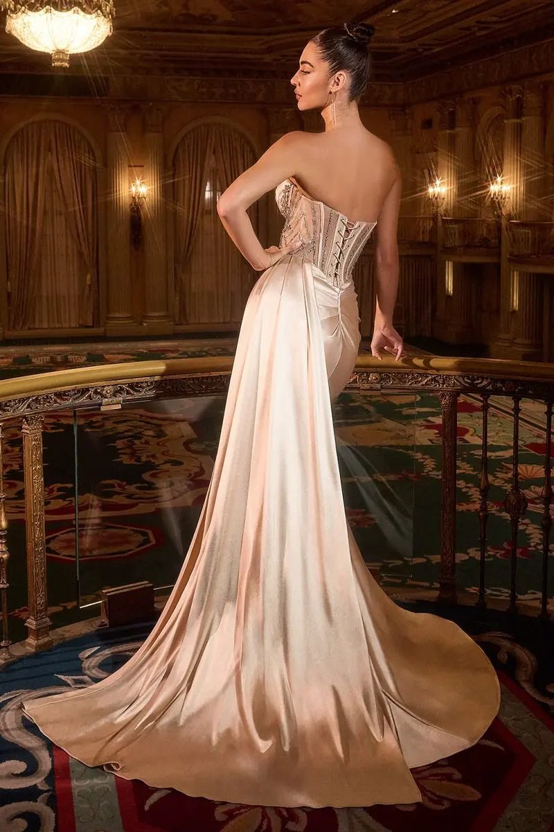 Crystal Beaded Sweetheart Satin Gown with Side Sash by Tux-USA
