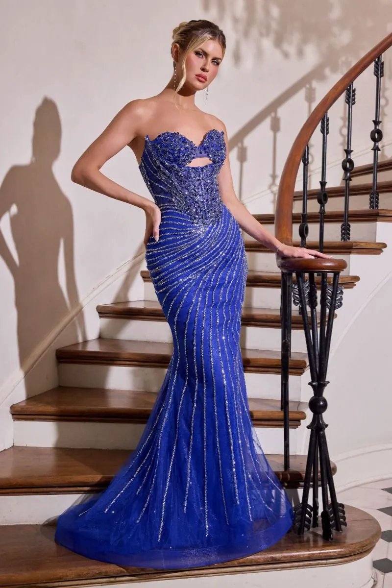 Mermaid Gown Strapless Sweetheart Beaded Bodice Sheer Layered Skirt Train Lace-Up Back by Partner Label