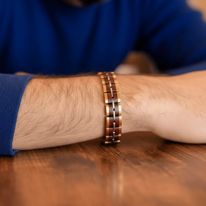 Bracelet Freyr Tri-Tone Stainless Steel & Red Sandalwood by LA MODA ME