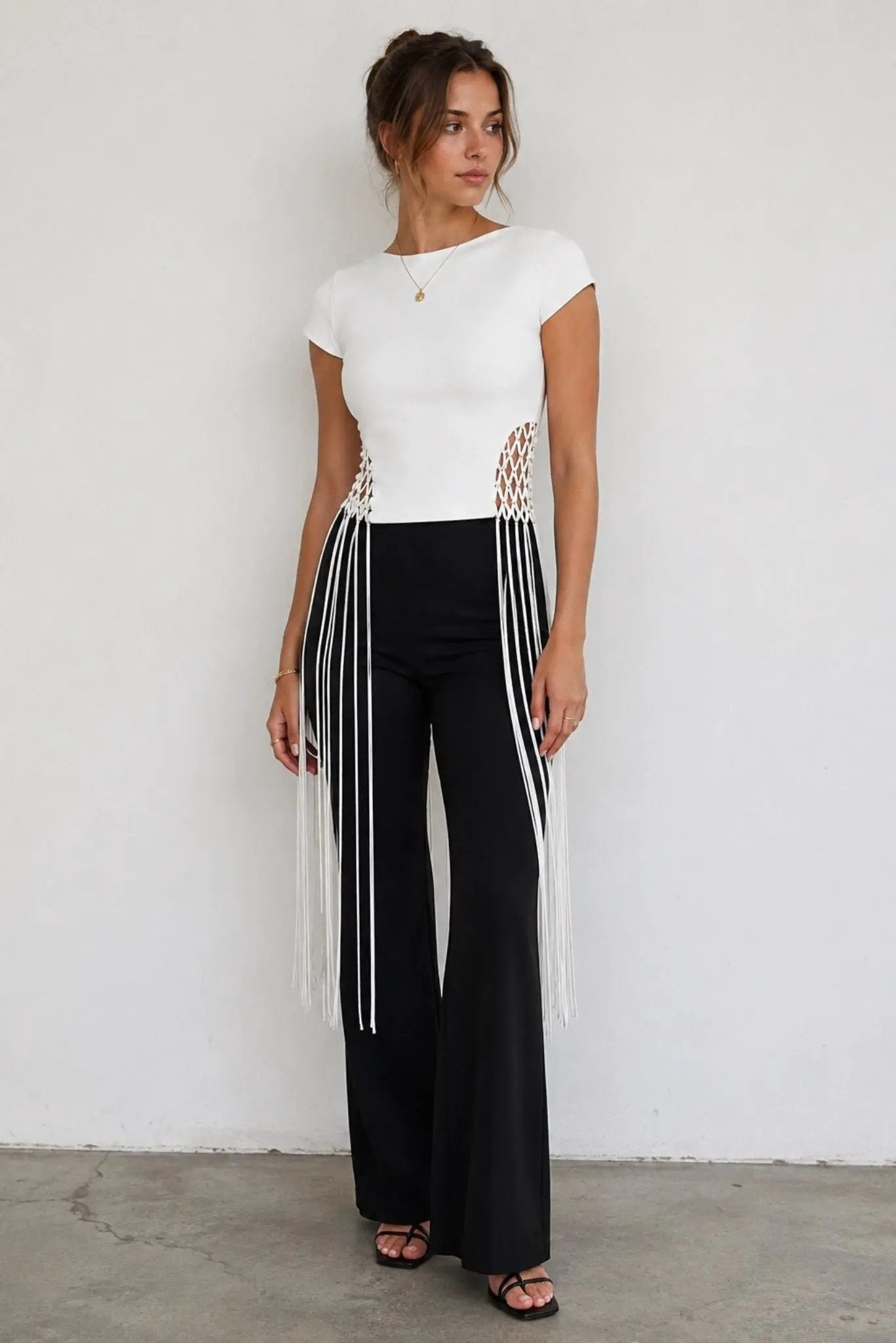 Leona fringe top in white by AKALIA