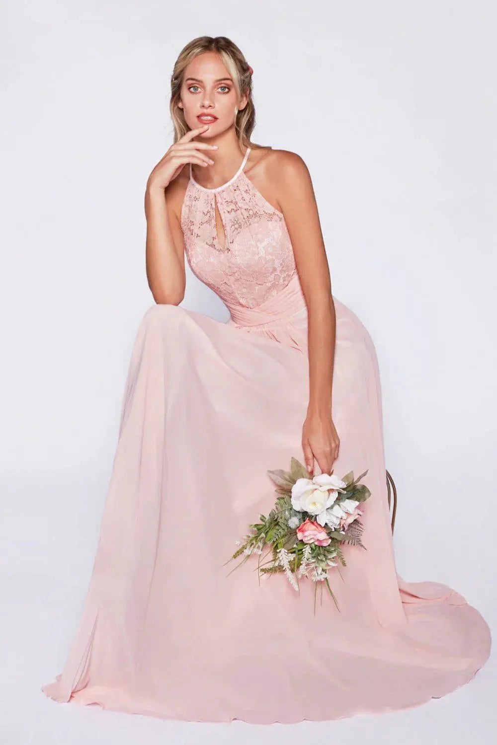 A-Line Chiffon Dress with Lace Keyhole Halter by Tux-USA