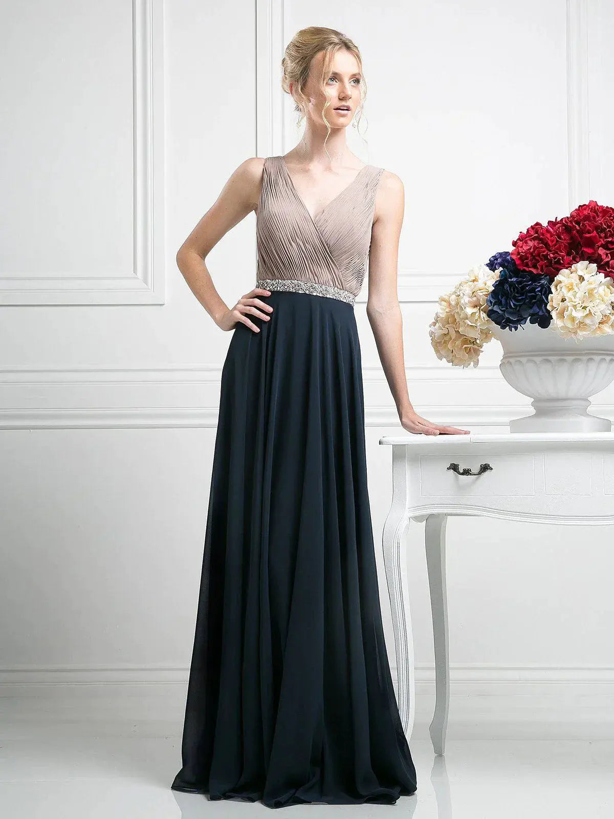 Beaded Belt Chiffon A - Line Dress by Tux-USA