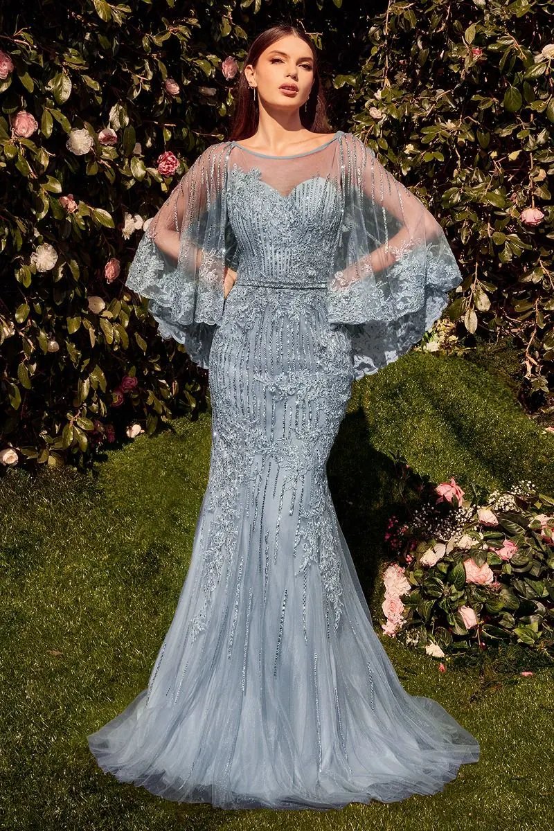Lace Fitted Caplet Gown by Tux-USA
