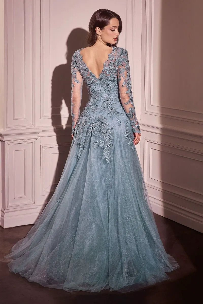 Lace Layered Tulle Long Sleeve Gown by Tux-USA