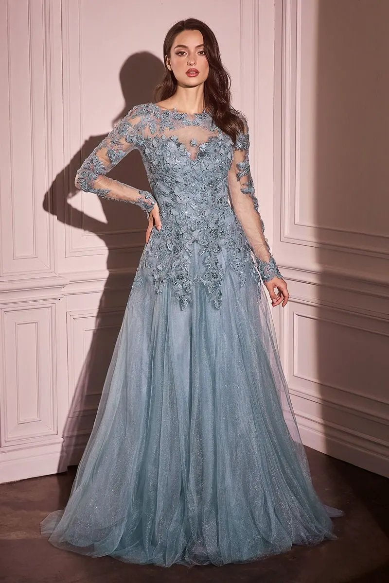 Lace Layered Tulle Long Sleeve Gown by Tux-USA