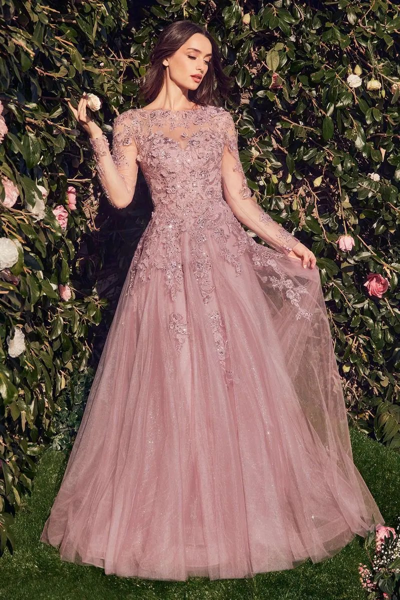 Lace Layered Tulle Long Sleeve Gown by Tux-USA