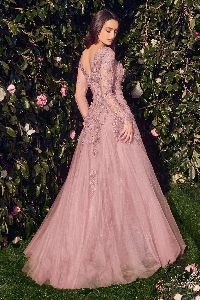 Lace Layered Tulle Long Sleeve Gown by Tux-USA