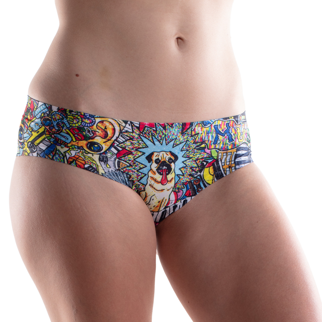 Memème Women’s Ultra-Comfortable GRAFFITI - Pug - Panties | Breathable Cotton Crotch, Stretchy Fit, No Elastic Bands by Mememe