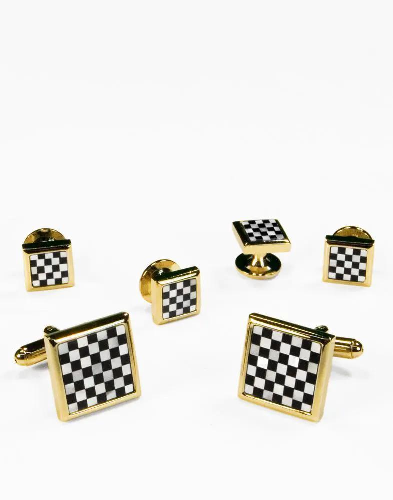 Mother of Pearl Checkerboard with Gold or Silver Trim Studs and Cufflinks Set by Tux-USA