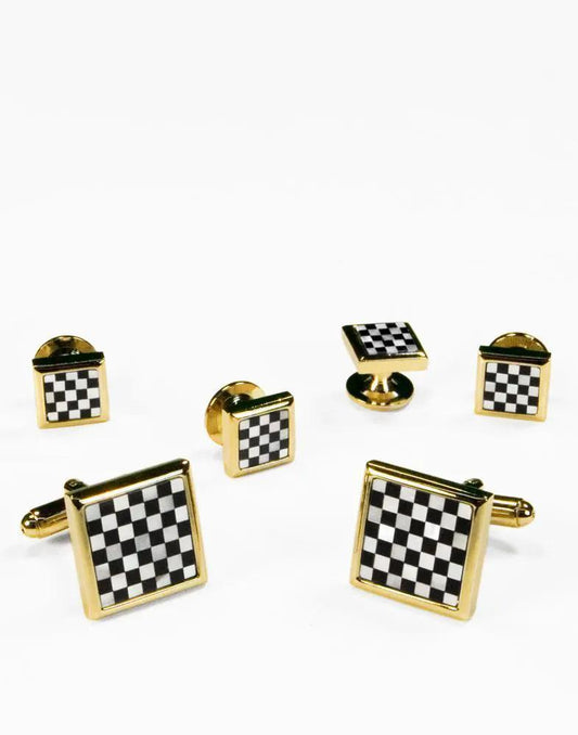 Mother of Pearl Checkerboard with Gold or Silver Trim Studs and Cufflinks Set by Tux-USA