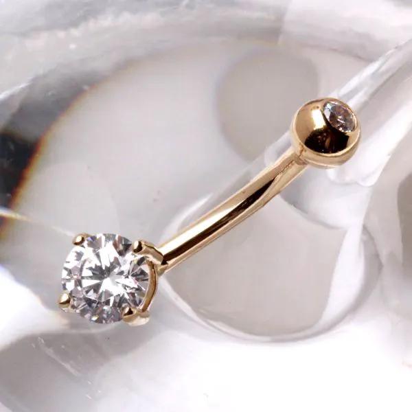 14Kt Gold Navel Ring with Prong Set Round CZ by Fashion Hut Jewelry