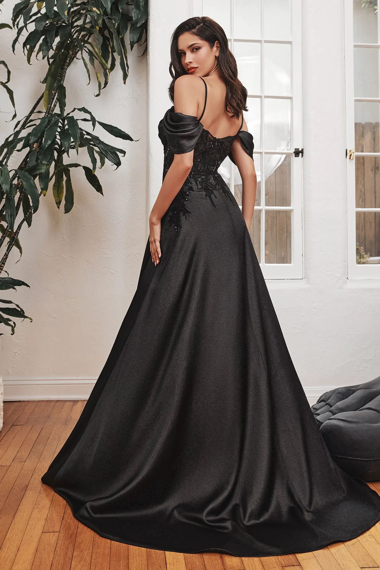 Satin Off The Shoulder A-Line Gown by Tux-USA