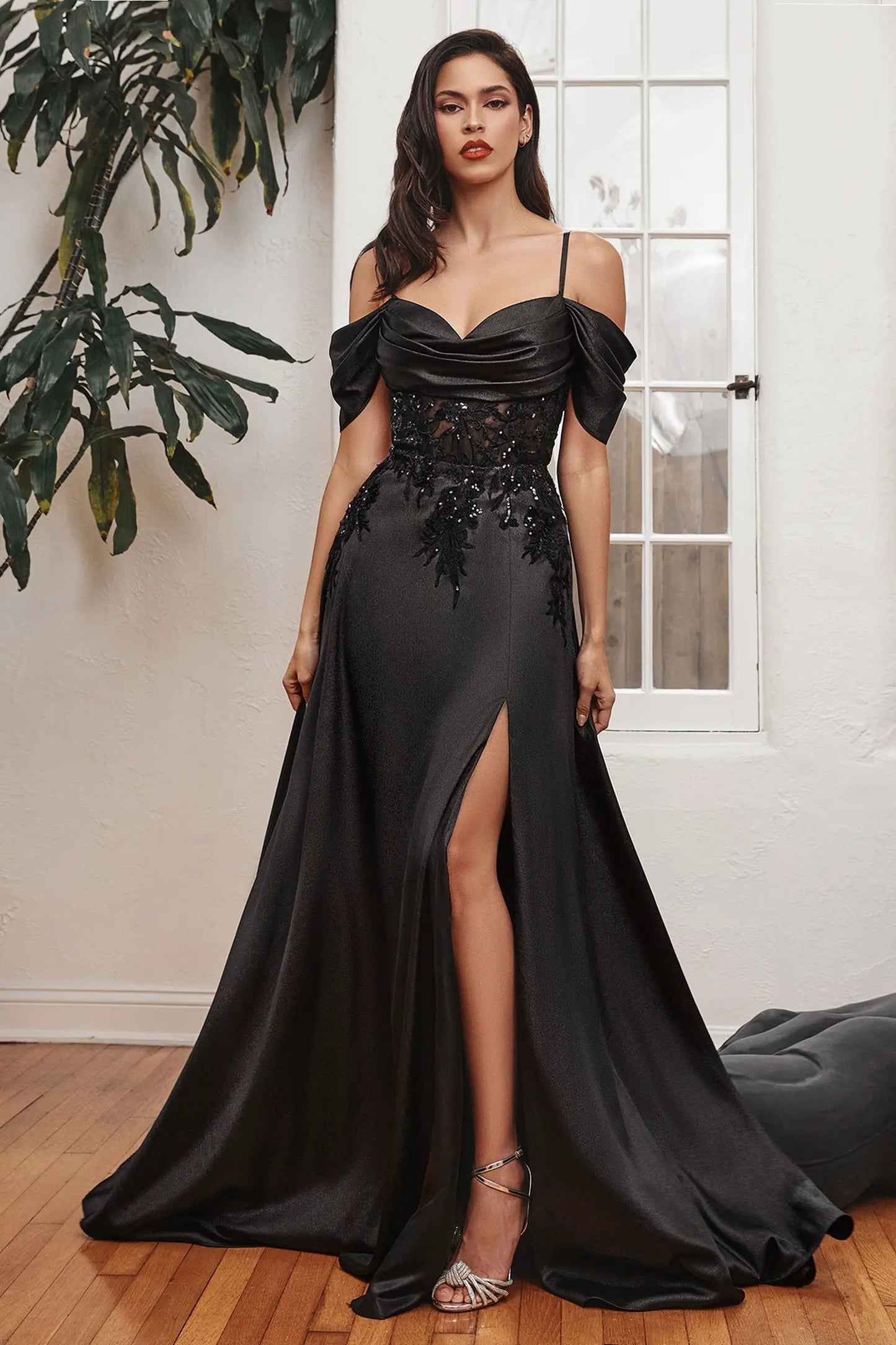 Satin Off The Shoulder A-Line Gown by Tux-USA