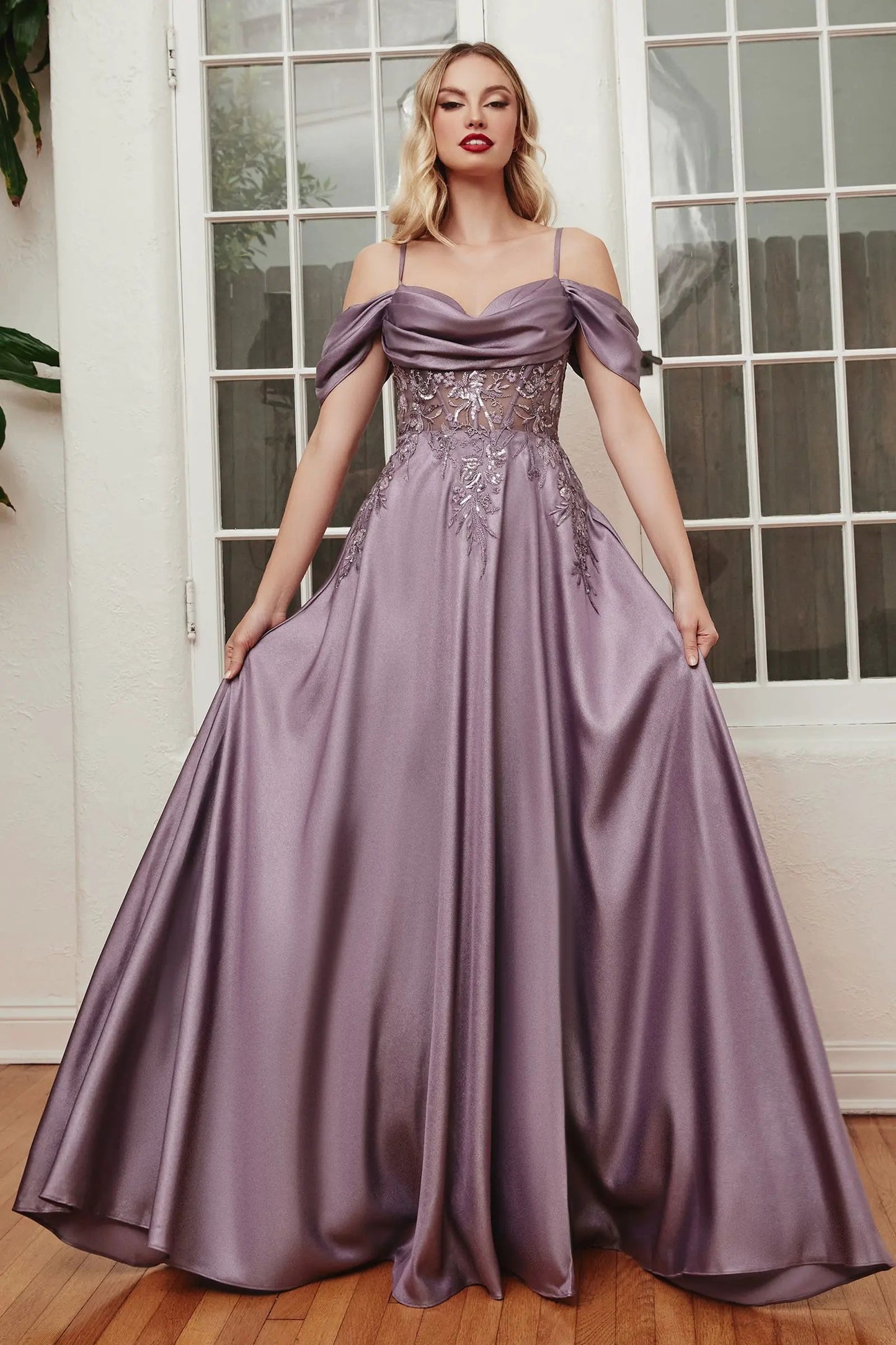 Satin Off The Shoulder A-Line Gown by Tux-USA