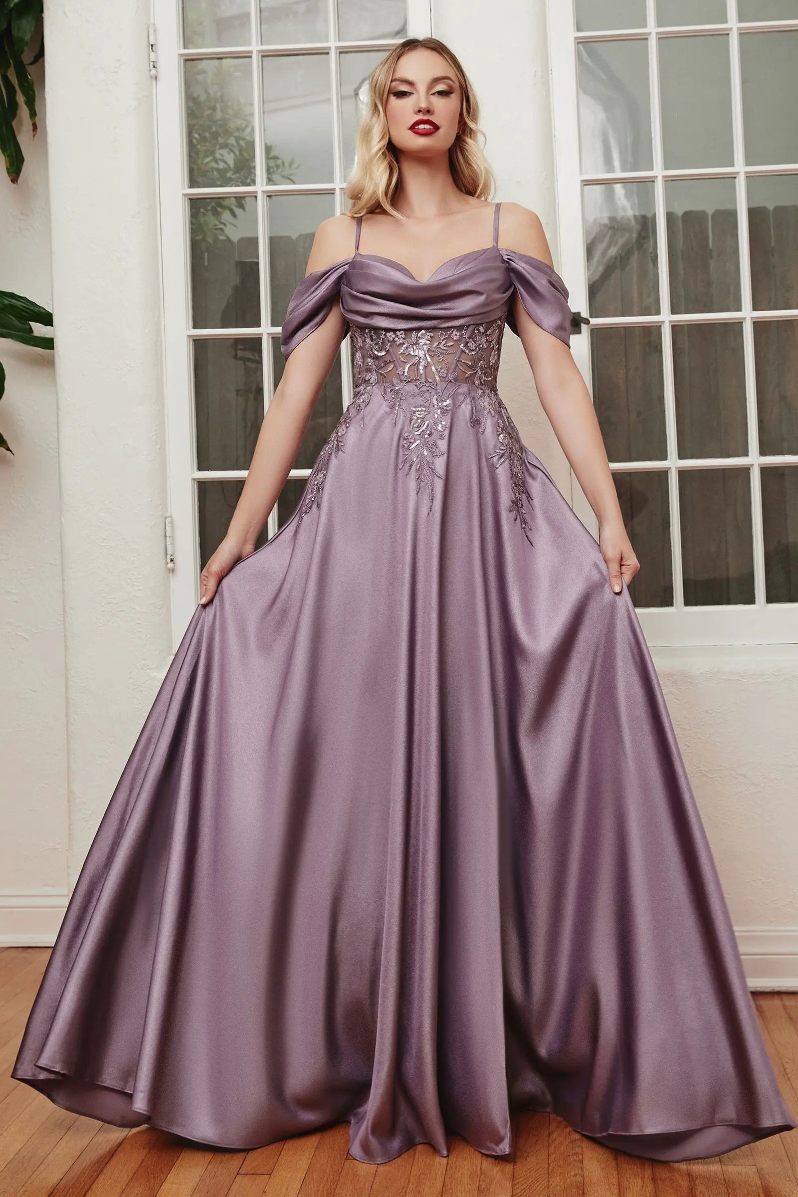 Satin Off The Shoulder A-Line Gown by Tux-USA