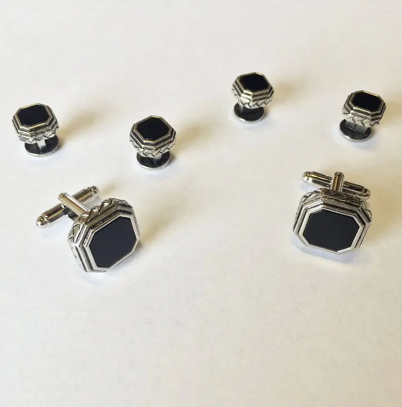 Octagon Mother of Pearl with Antique Silver Edge Studs and Cufflinks Set by Tux-USA