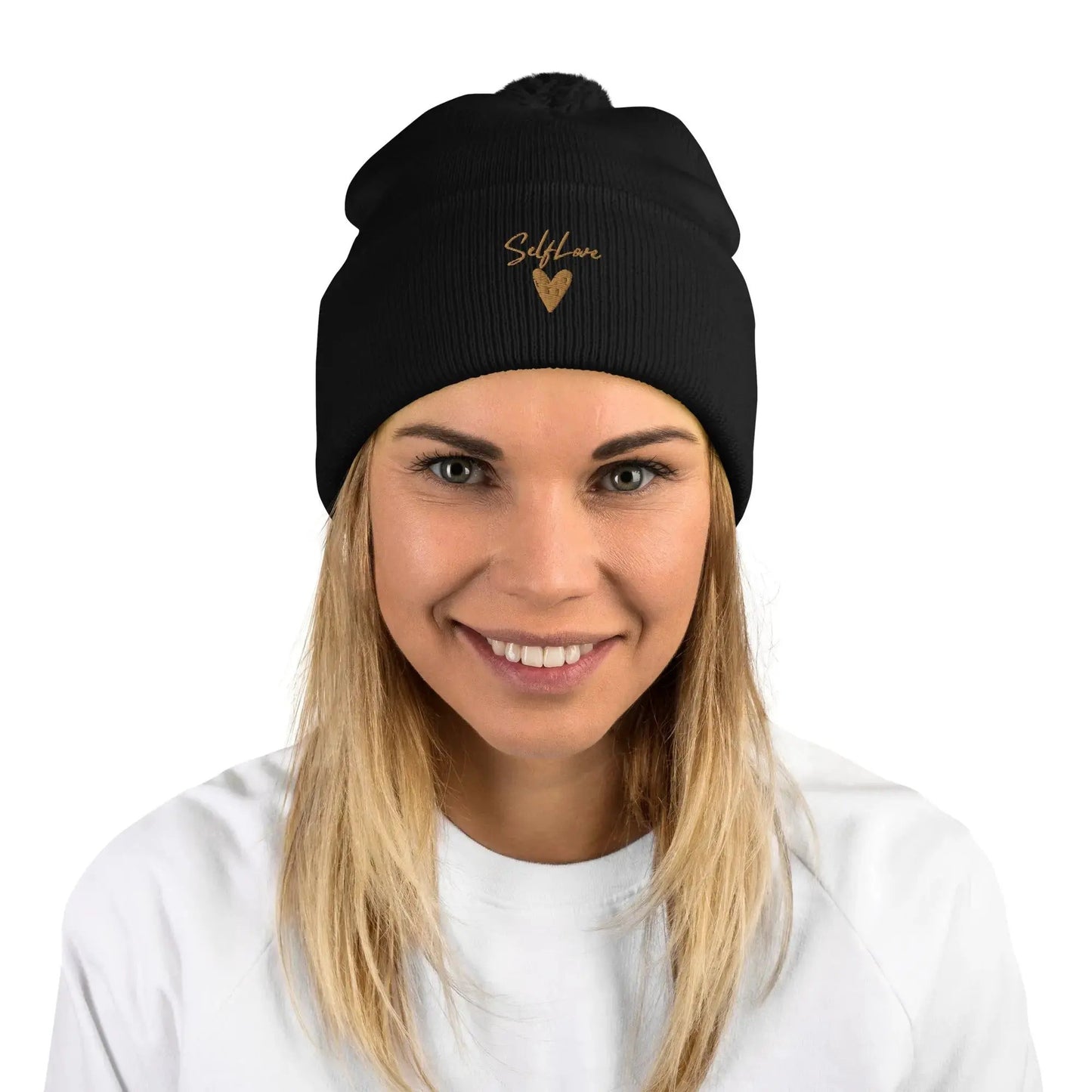 Self Love Pom-Pom Beanie - Women's Beanie with Embroidery by Maiden-Art