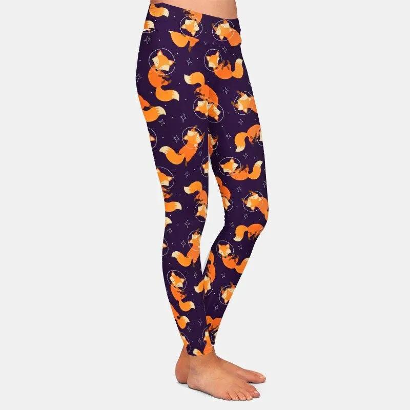 Fashion Cartoon Fox Print Girls Leggings High Waist High Elastic 220gsm Double Side Brushed Milk Silk by Vimost Shop