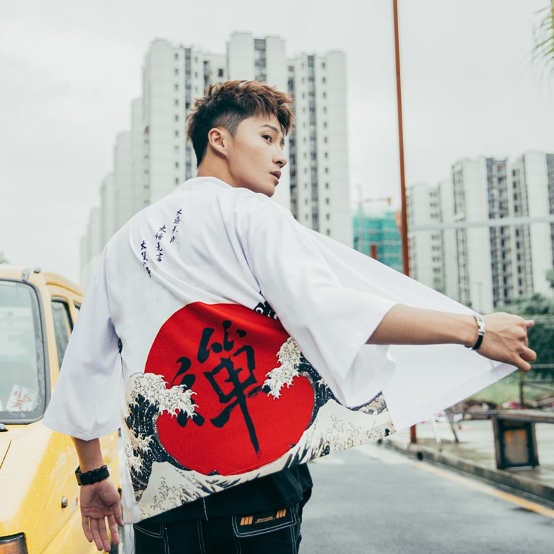 Japenese  Words Wave Print Cardigan Kimono Jacket Japanese Harajuku Women Men Streetwear Traditional Top-0