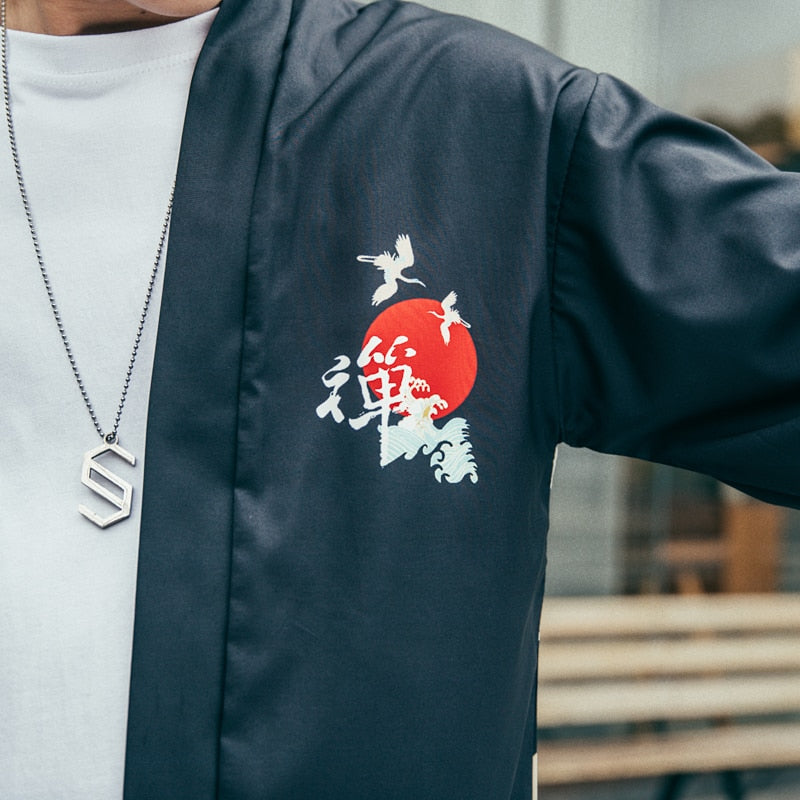 Japenese  Words Wave Print Cardigan Kimono Jacket Japanese Harajuku Women Men Streetwear Traditional Top-2