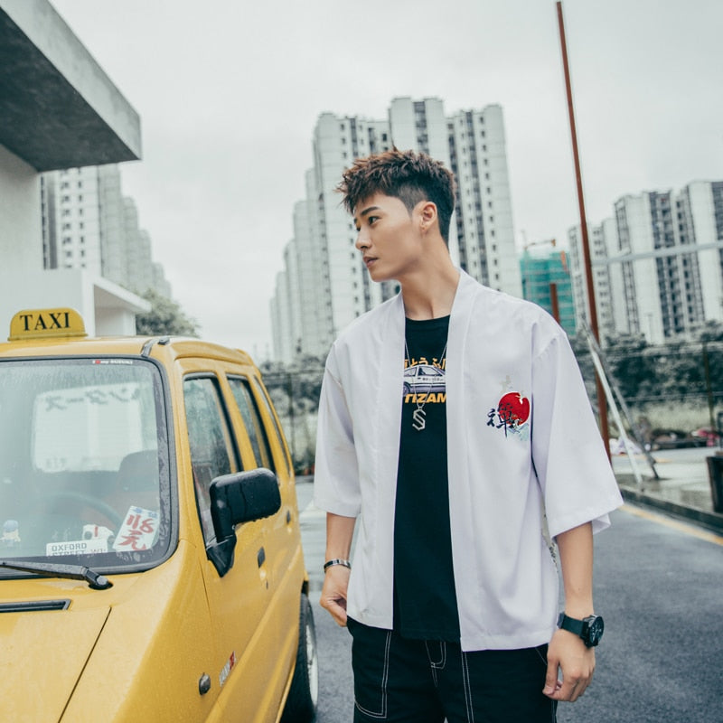 Japenese  Words Wave Print Cardigan Kimono Jacket Japanese Harajuku Women Men Streetwear Traditional Top-4