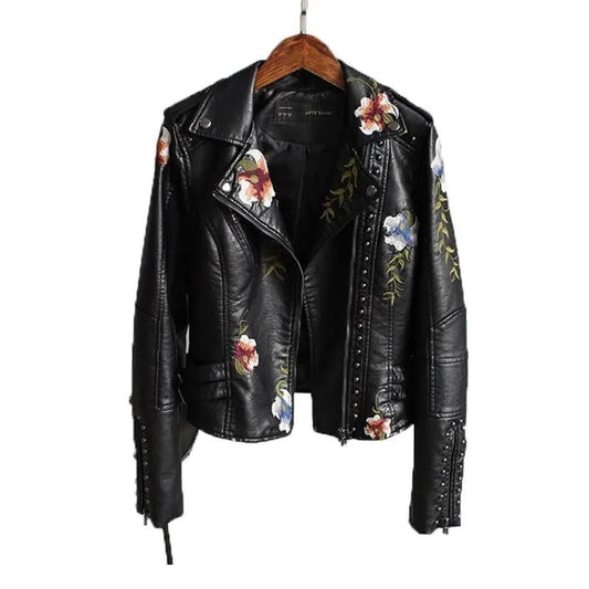 Women Floral Print Embroidery Faux Soft Leather Jacket Coat Turn-down Collar Casual Pu Motorcycle Black Punk Outerwear by Vimost Shop