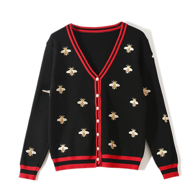 High Quality Fashion Designer Bee Embroidery Cardigan Long Sleeve Single Breasted Contrast Color Button Knitted Sweaters-3