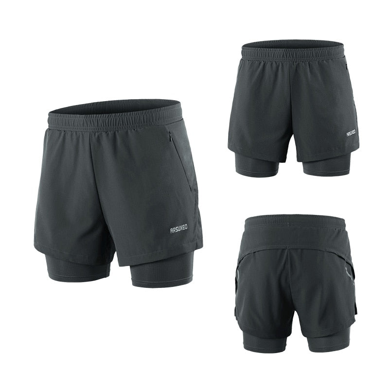 Men Running Shorts 2 in 1 Sports Shorts Quick Dry Active Training Exercise Jogging Gym Shorts With Zipper Pockets-1