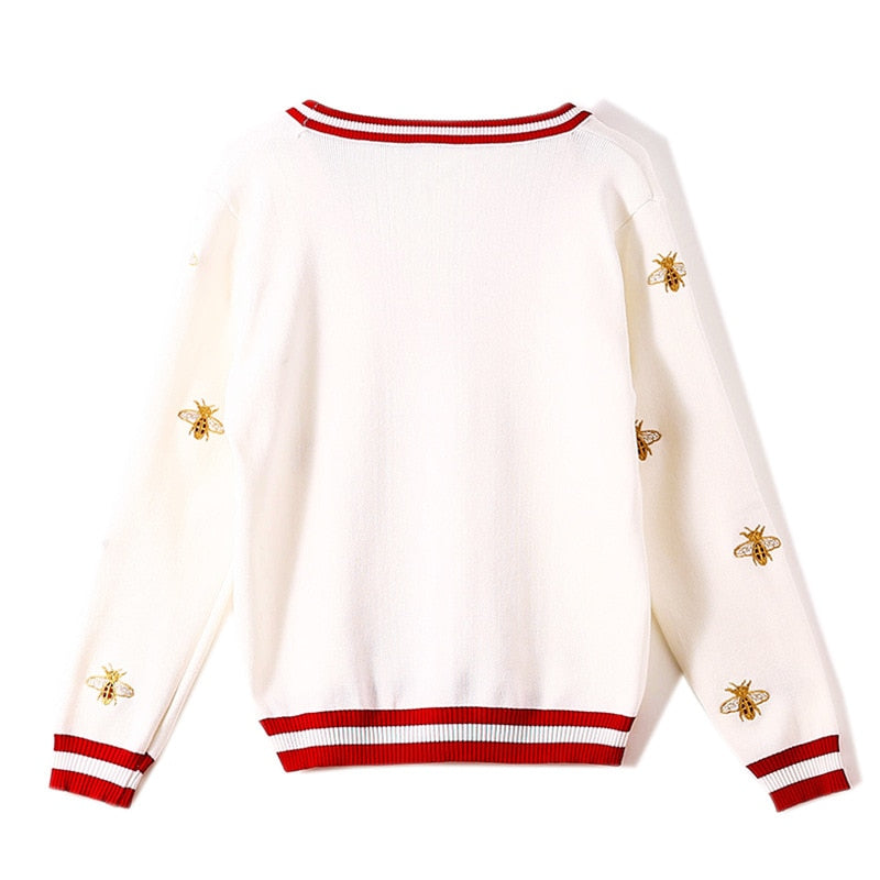 High Quality Fashion Designer Bee Embroidery Cardigan Long Sleeve Single Breasted Contrast Color Button Knitted Sweaters-1