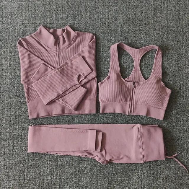 Seamless Women Yoga Set Workout Sportswear Gym Clothing Zipper Long Sleeve High Waist Leggings Fitness Bra Athletic Sports Suits by Vimost Shop