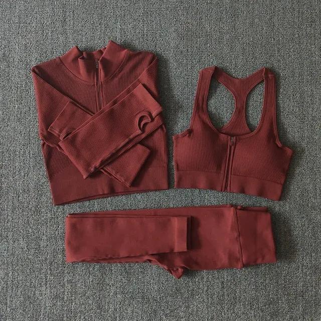 Seamless Women Yoga Set Workout Sportswear Gym Clothing Zipper Long Sleeve High Waist Leggings Fitness Bra Athletic Sports Suits by Vimost Shop