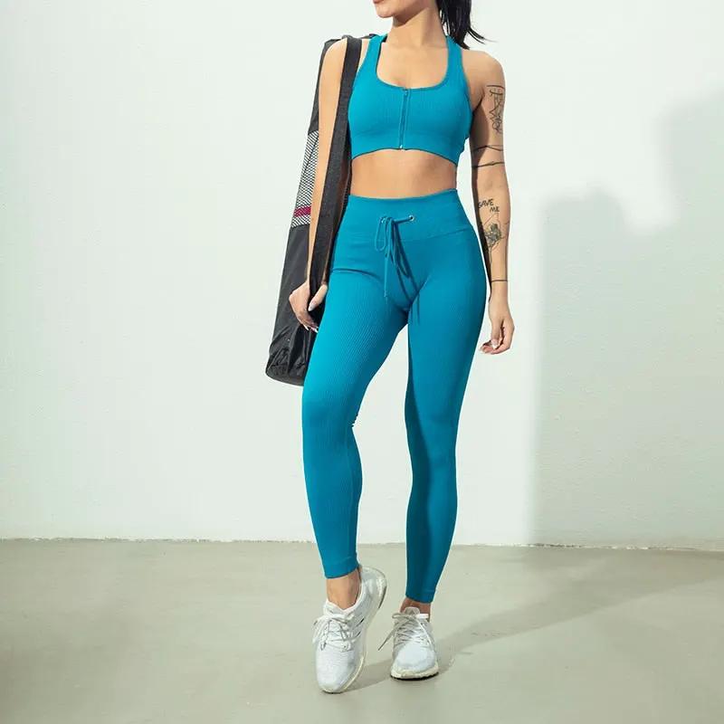 Seamless Yoga Set Zipper Long Sleeve Sport Suit Drawstring High Waist Gym Leggings Workout Clothes For Women Sportswear by Vimost Shop