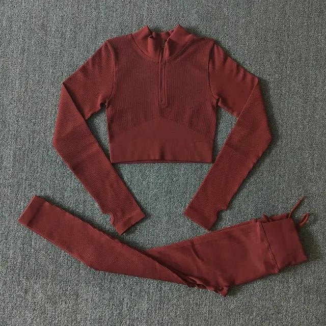 Seamless Yoga Set Zipper Long Sleeve Sport Suit Drawstring High Waist Gym Leggings Workout Clothes For Women Sportswear by Vimost Shop
