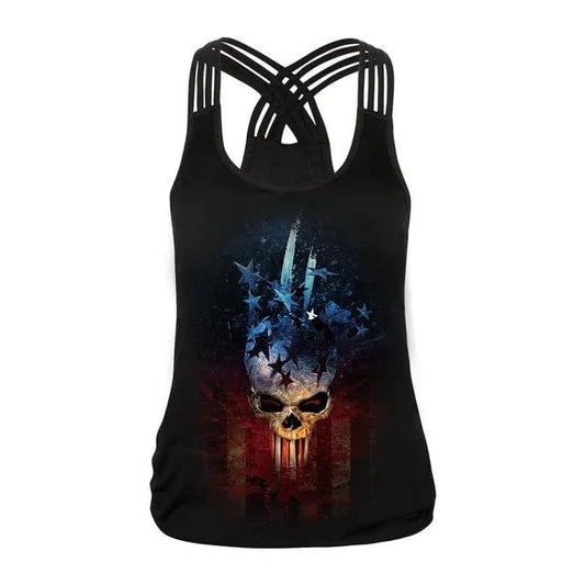 Fashion Halloween Sugar Skull Rose Girl Tank Top for Women Gothic Style Back Cross Sleeveless Vest by Vimost Shop