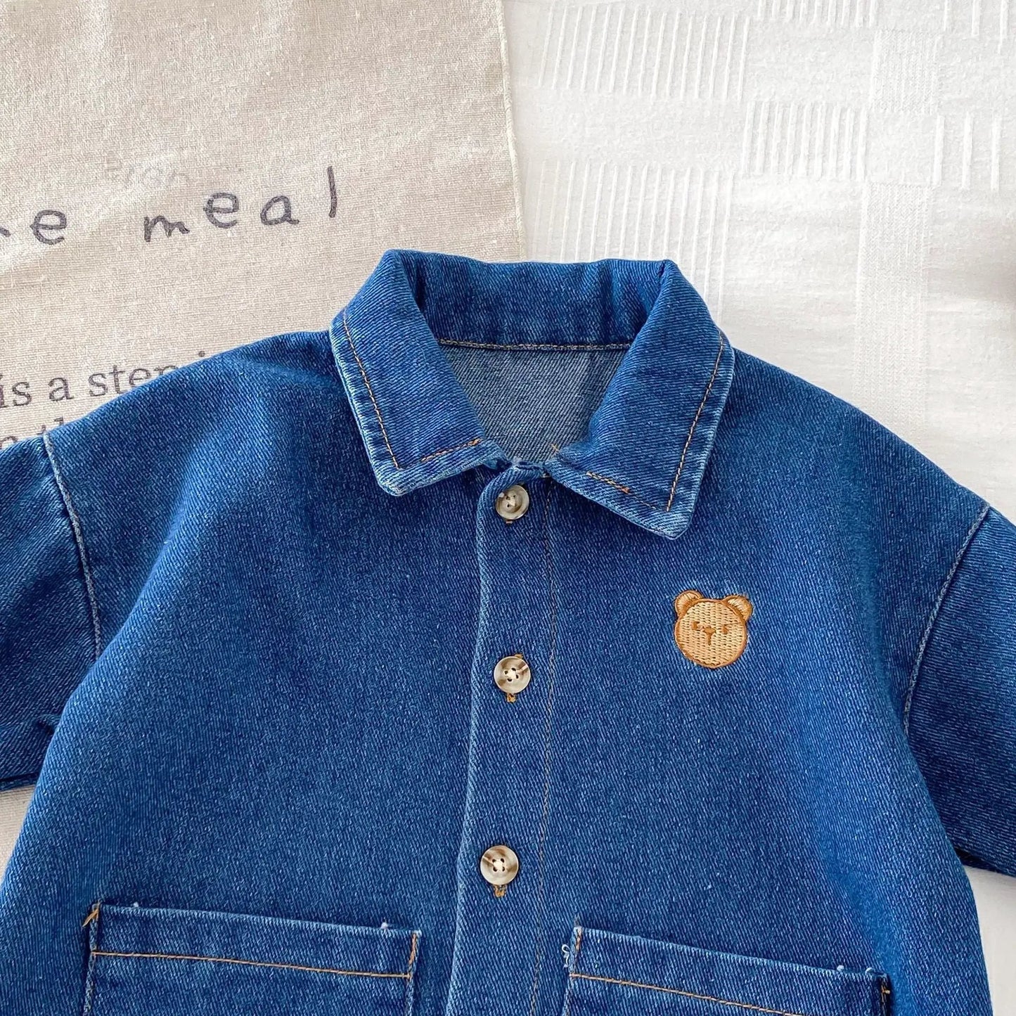Autumn and Spring Arrival Baby Unisex Long Sleeves Cartoon Pattern Single Breasted Denim Rompers by Tux-USA