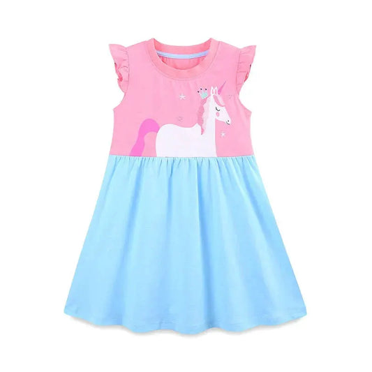 Cute Unicorn Cartoon Pattern Fly Sleeves Dress by Tux-USA