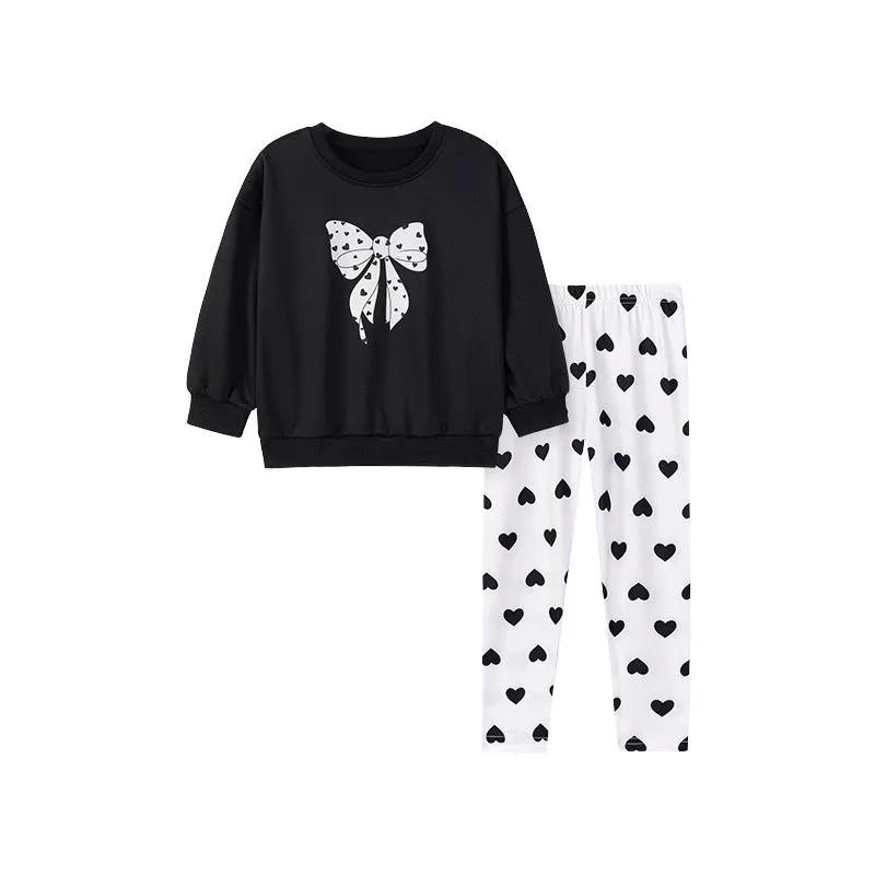 Spring and Autumn Girls Butterfly-bows Pattern Long Sleeves Top and Hearts Pattern Pants Clothing Set by Tux-USA