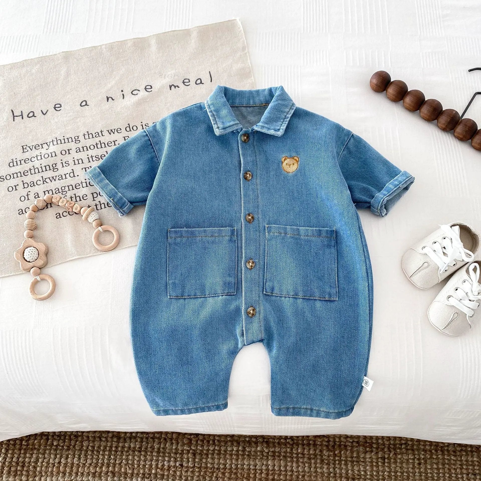 Autumn and Spring Arrival Baby Unisex Long Sleeves Cartoon Pattern Single Breasted Denim Rompers by Tux-USA