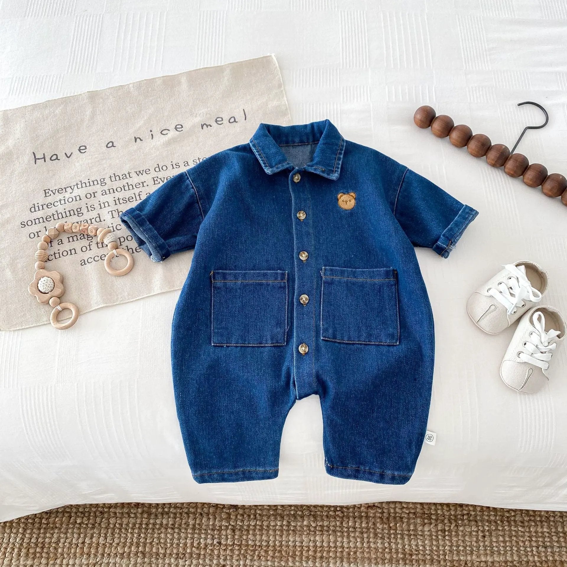 Autumn and Spring Arrival Baby Unisex Long Sleeves Cartoon Pattern Single Breasted Denim Rompers by Tux-USA
