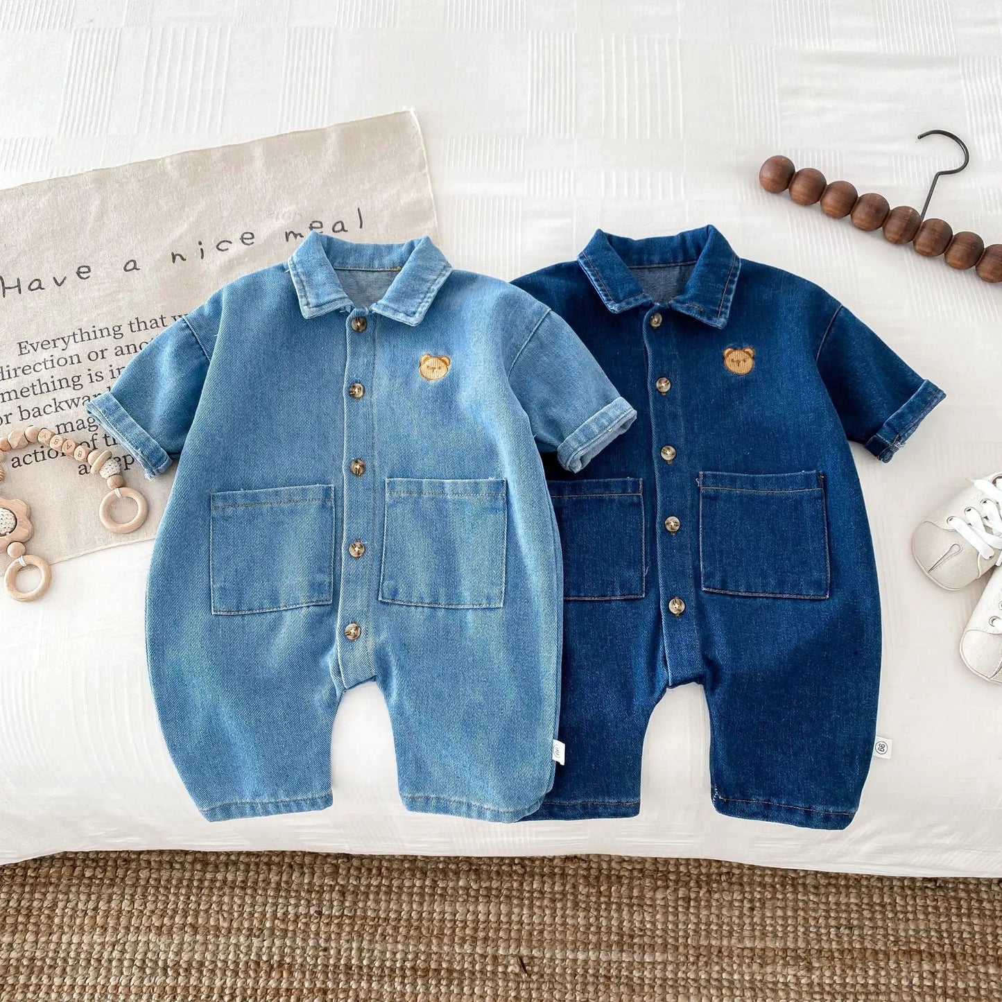 Autumn and Spring Arrival Baby Unisex Long Sleeves Cartoon Pattern Single Breasted Denim Rompers by Tux-USA