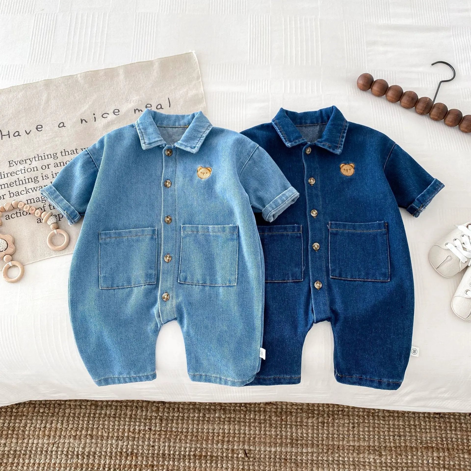 Autumn and Spring Arrival Baby Unisex Long Sleeves Cartoon Pattern Single Breasted Denim Rompers by Tux-USA