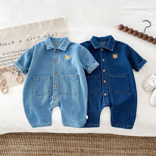 Autumn and Spring Arrival Baby Unisex Long Sleeves Cartoon Pattern Single Breasted Denim Rompers by Tux-USA