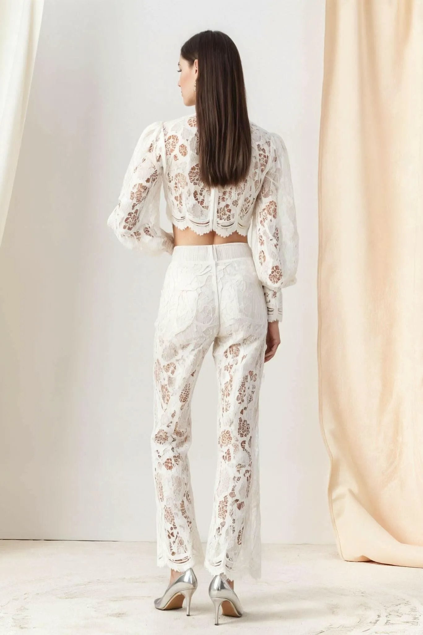 Rebecca Guipure Lace Top & Pant Set In White by AKALIA