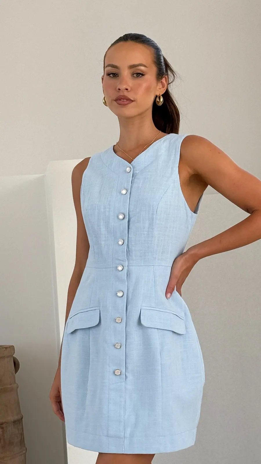 Powder Blue Linen Mini Dress – Sleeveless Button-Front Dress with Pockets by Partner Label