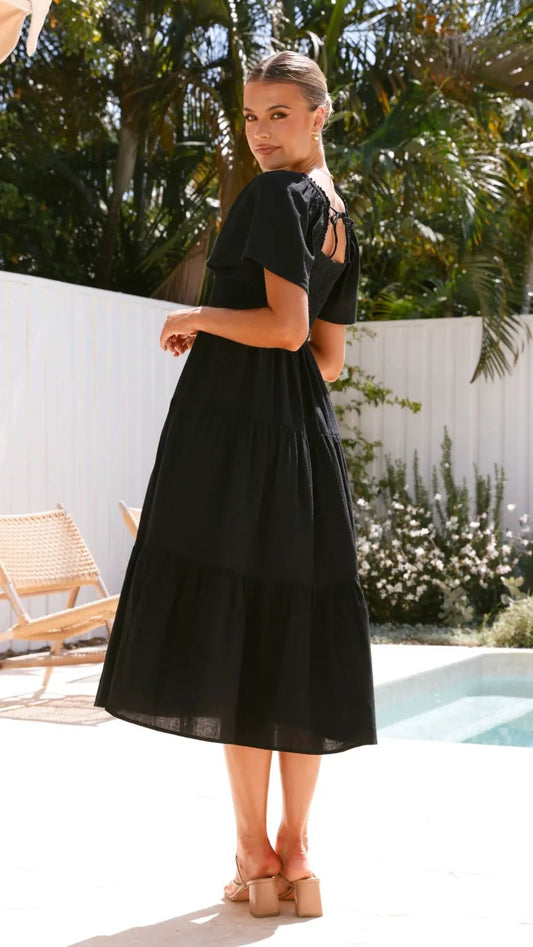 Black Linen Smocked Maxi Dress with Flutter Sleeves by Partner Label